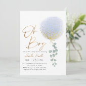 Oh Boy Blue Balloon Eucalyptus Baby Dusche Einladung (Stehend Vorderseite)
