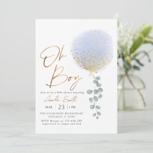 Oh Boy Blue Balloon Eucalyptus Baby Dusche Einladung (Stehend Vorderseite)