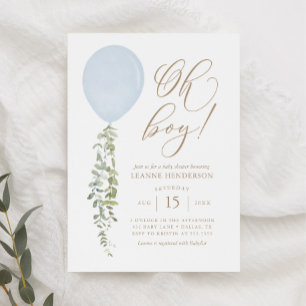 Oh Boy Blue Balloon Eucalyptus Baby Showdown Invit Einladung