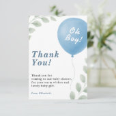 Oh Boy Blue Balloon Eucalyptus Baby Shower Dankeskarte (Stehend Vorderseite)