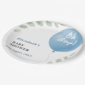 Oh Boy Blue Balloon Eucalyptus Baby Shower Pappteller (Schrägansicht)