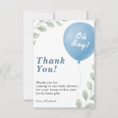 Oh Boy Blue Balloon Eucalyptus Baby Shower PHOTO Dankeskarte (Vorderseite)