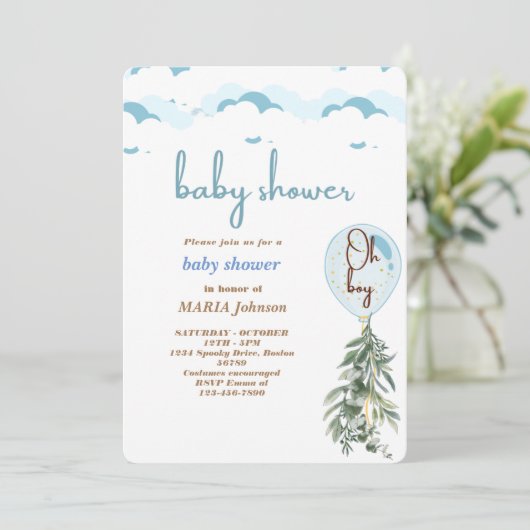 Oh Boy Blue Balloon Eucalyptus Baby Showroom Invit Einladung (Stehend Vorderseite)