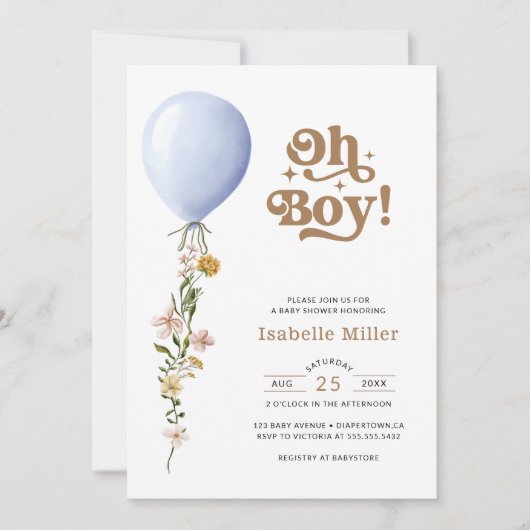 Oh Boy Blue Balloon Floral Baby Dusche Einladung (Vorderseite)