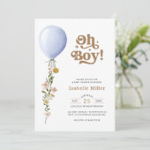 Oh Boy Blue Balloon Floral Baby Dusche Einladung (Stehend Vorderseite)