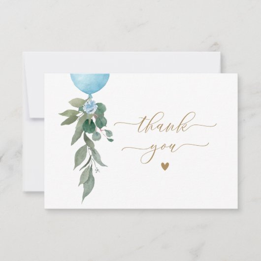 Oh Boy Blue Balloon Greenerenery Baby Shower Dankeskarte (Vorderseite)