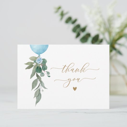 Oh Boy Blue Balloon Greenerenery Baby Shower Dankeskarte (Stehend Vorderseite)