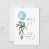 Oh Boy Blue Balloon Greenerenery Baby Shower Dankeskarte (Vorderseite)