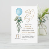 Oh Boy Blue Balloon Greenerenery Baby Shower Einladung (Stehend Vorderseite)