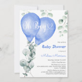 Oh Boy Blue Balloons Moderne Eucalyptus Baby Dusch Einladung (Vorderseite)