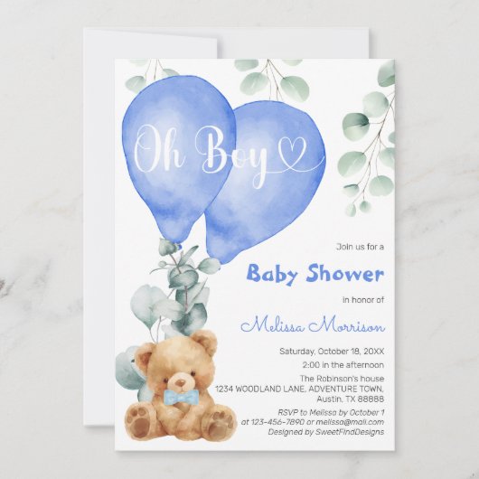Oh Boy Blue Balloons Niedlich Bear Baby Boy Dusche Einladung (Vorderseite)