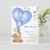 Oh Boy Blue Balloons Niedlich Bear Baby Boy Dusche Einladung (Stehend Vorderseite)