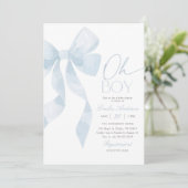 Oh Boy Blue Bow Baby Shower Einladung (Stehend Vorderseite)