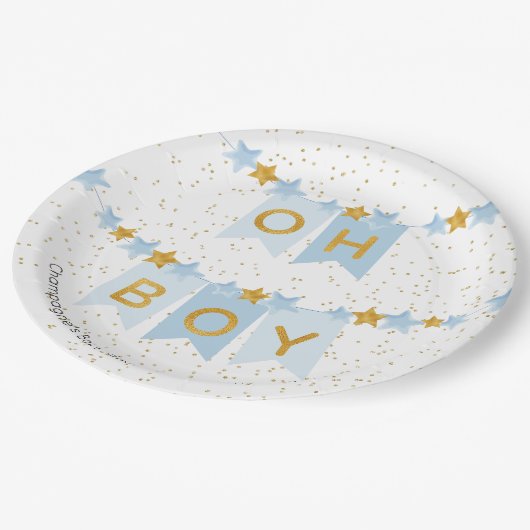 Oh Boy Blue Bunting Flags Baby Showroom Pappteller (Schrägansicht)