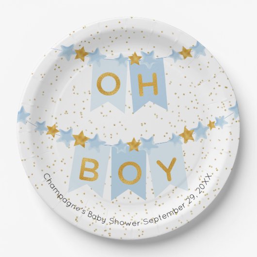 Oh Boy Blue Bunting Flags Baby Showroom Pappteller (Vorderseite)