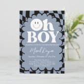 Oh Boy! Blue Checkered Happy Face Baby Shower Einladung (Stehend Vorderseite)