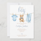 Oh Boy Blue Clothesline Baby Shower Photo QR Code Einladung (Vorderseite)