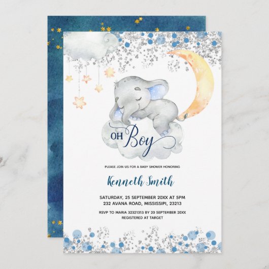 Oh Boy Blue Elephant Baby Dusche Einladung (Vorne/Hinten)