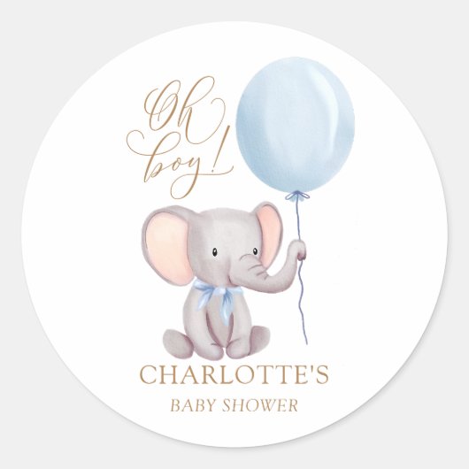 Oh Boy Blue Elephant Balloon Baby Shockaufkleber Runder Aufkleber (Vorderseite)