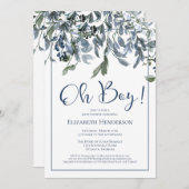 Oh Boy Blue Floral Greenery Baby Dusche Einladung (Vorne/Hinten)