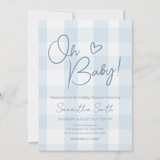 Oh Boy Blue Gingham Baby Shower Einladung (Vorderseite)
