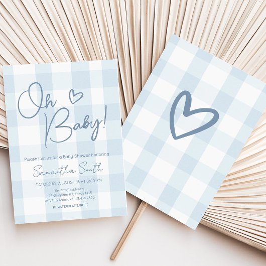 Oh Boy Blue Gingham Baby Shower Einladung