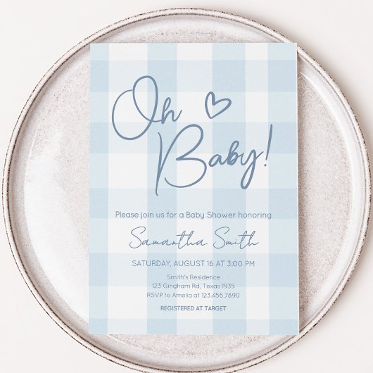 Oh Boy Blue Gingham Baby Shower Einladung