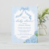 Oh Boy Blue Gingham Kariert Hydrangea Babydusche Einladung (Stehend Vorderseite)
