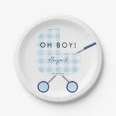 Oh Boy Blue Gingham Pram Baby Shower Pappteller (Vorderseite)