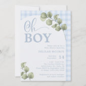 Oh Boy Blue Gingham und Greenery Baby Dusche Einladung (Vorderseite)