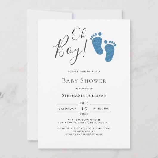 Oh, Boy Blue Glitzer Feet Boy's Baby Shower Einladung (Vorderseite)