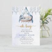Oh Boy Blue Gold Crib Boho Boy Baby Dusche Einladung (Stehend Vorderseite)