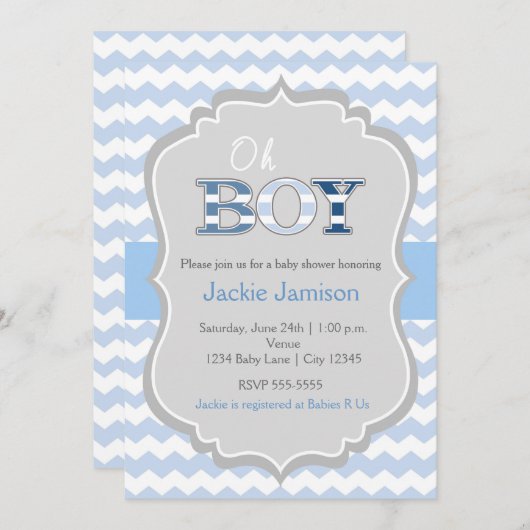 Oh, Boy Blue Gray Zickzack Baby Dusche Einladung (Vorne/Hinten)