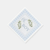 Oh Boy Blue Greenery und Gingham Baby Shower Serviette (Ecke)