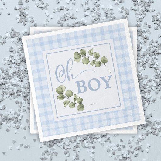 Oh Boy Blue Greenery und Gingham Baby Shower Serviette