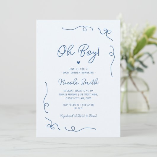 Oh, Boy Blue Hand Drawing French Boy Baby Shower Einladung (Stehend Vorderseite)