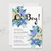 Oh Boy Blue Ivory Floral Bouquet Baby Dusche Einladung (Vorderseite)