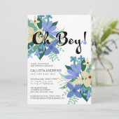 Oh Boy Blue Ivory Floral Bouquet Baby Dusche Einladung (Stehend Vorderseite)