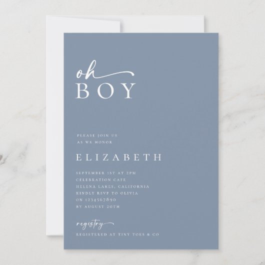 Oh Boy Blue Minimalistisch Script Baby Dusche Einladung (Vorderseite)