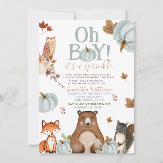 Oh Boy Blue Pumpkin Woodland Animals Baby Dusche Einladung (Vorderseite)