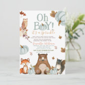 Oh Boy Blue Pumpkin Woodland Animals Baby Dusche Einladung (Stehend Vorderseite)