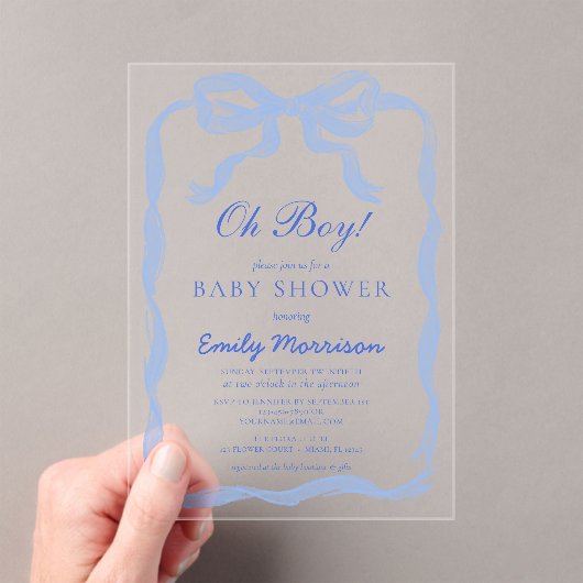 Oh Boy Blue Ribbon Bow Baby Dusche Acryleinladungen (Insitu (Handheld))