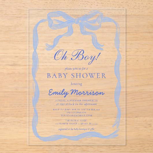 Oh Boy Blue Ribbon Bow Baby Dusche Acryleinladungen (Vorderseite)
