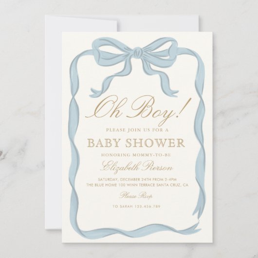 Oh boy Blue Ribbon Niedlich Elegant Baby Dusche Einladung (Vorderseite)