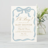 Oh boy Blue Ribbon Niedlich Elegant Baby Dusche Einladung (Stehend Vorderseite)