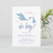 Oh Boy Blue Stork Baby Dusche Einladung (Stehend Vorderseite)