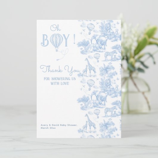 Oh, Boy Blue Toile Safari Animal Baby Dusche Dankeskarte (Stehend Vorderseite)