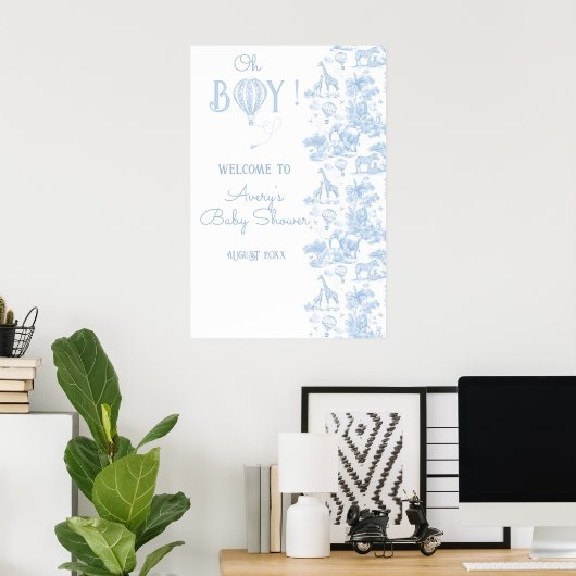 Oh Boy Blue Toile Safari Animal Baby Shower Poster (Heimbüro)