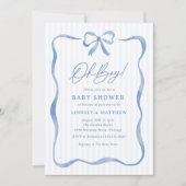 Oh, Boy Blue Wavy Ribbon Bow Baby Dusche Einladung (Vorderseite)