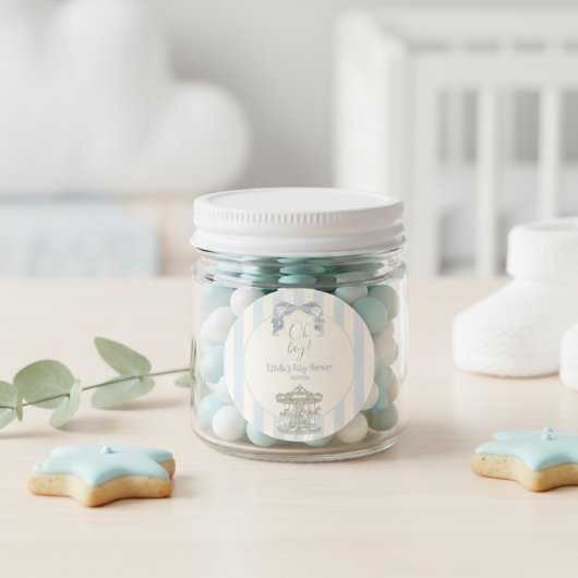 Oh Boy Bow Carousel  Blue Stripe Baby Shower  Runder Aufkleber